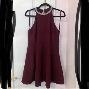 BNWT One Clothing Maroon Halter Dress w Beaded Neckline L
